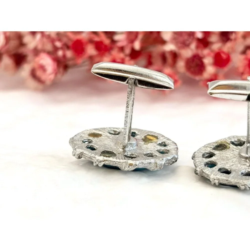 Faux Turquoise Silver Toned 80's Style Retro Oval Shaped Vintage Cuff Links